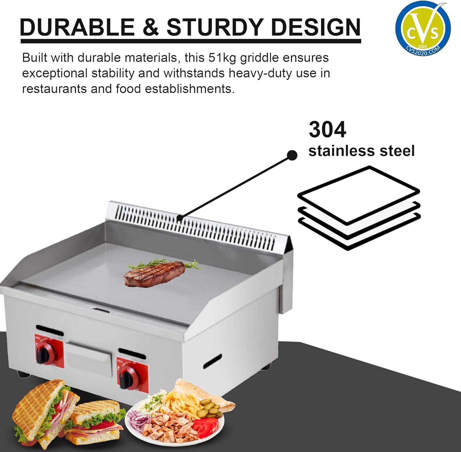 Commercial Gas Griddle with Dual Burners – 50°C to 300°C Adjustable Temperature, Thick Steel Cooking Surface - Image 3