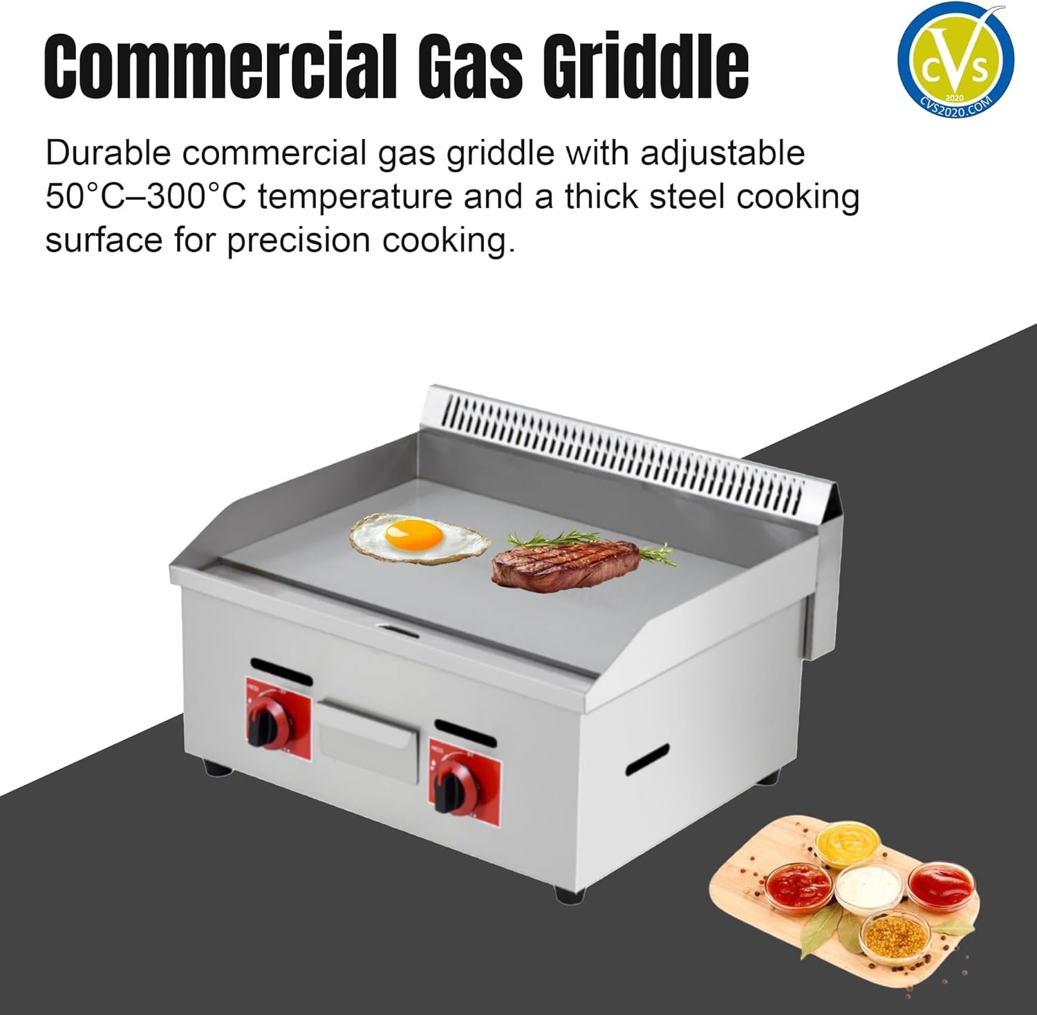 Commercial Gas Griddle with Dual Burners – 50°C to 300°C Adjustable Temperature, Thick Steel Cooking Surface - Image 4