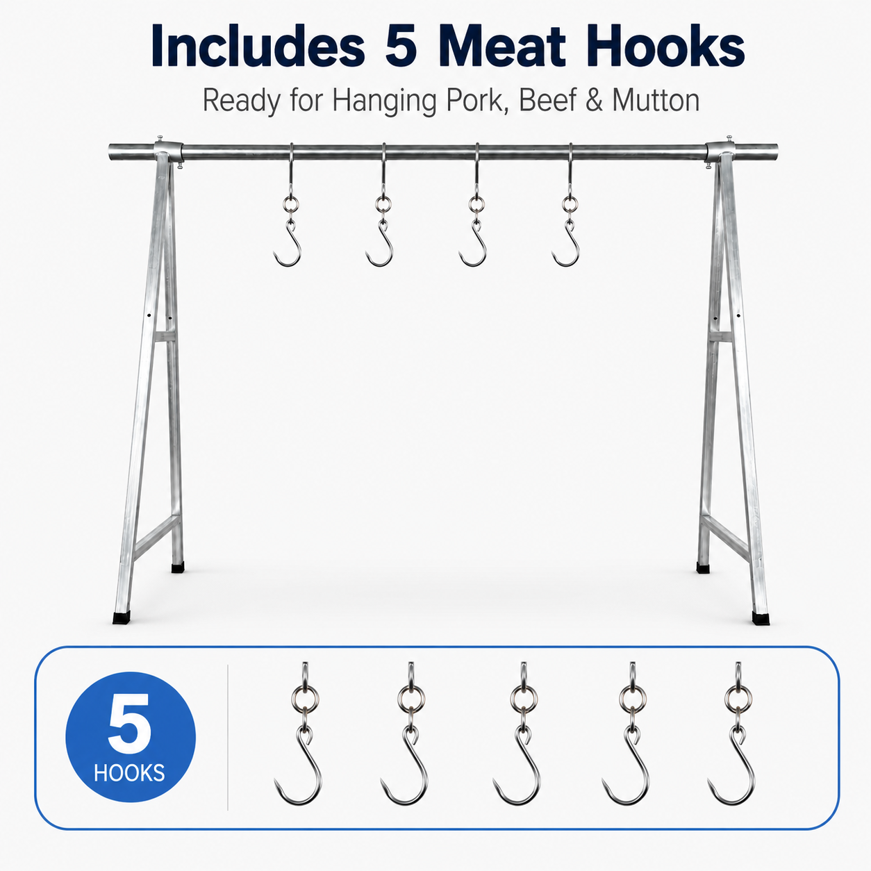 Heavy Duty Stainless Steel Meat Hanging Rack A Frame Butcher Stand 5 Hooks 450kg - Image 3